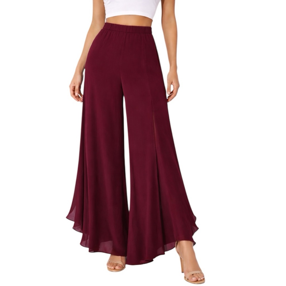 St. John Evening Garnet Burgundy Silk Wide-Leg Trousers